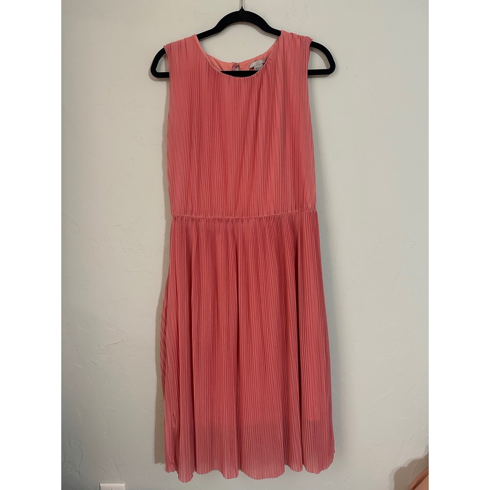 H&M Coral Pink Pleated Sleeveless‎ Midi Dress Women's Size M Elastic Waist